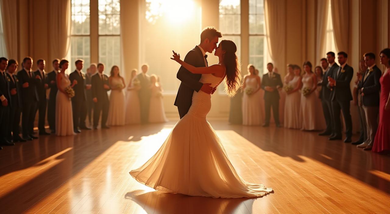 A romantic couple performing a graceful dance dip during their wedding reception