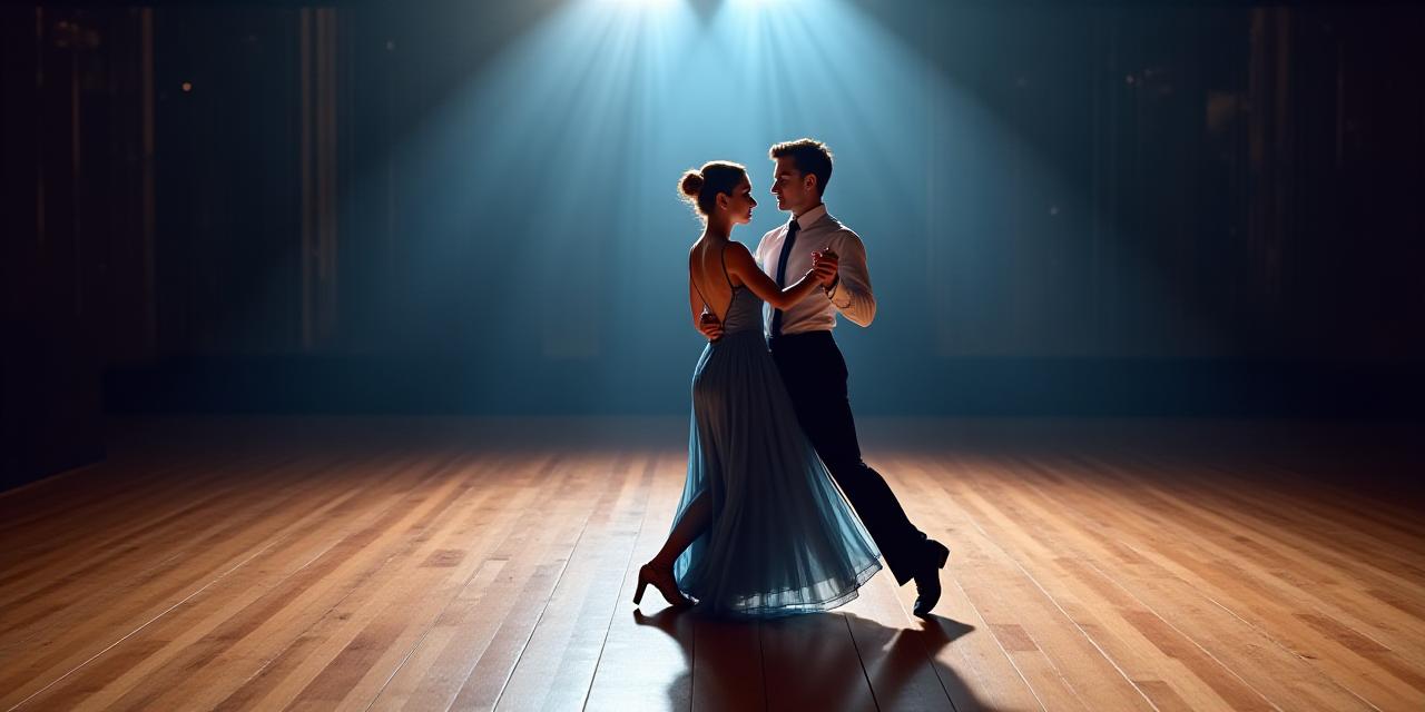 Professional ballroom dancers performing a graceful move