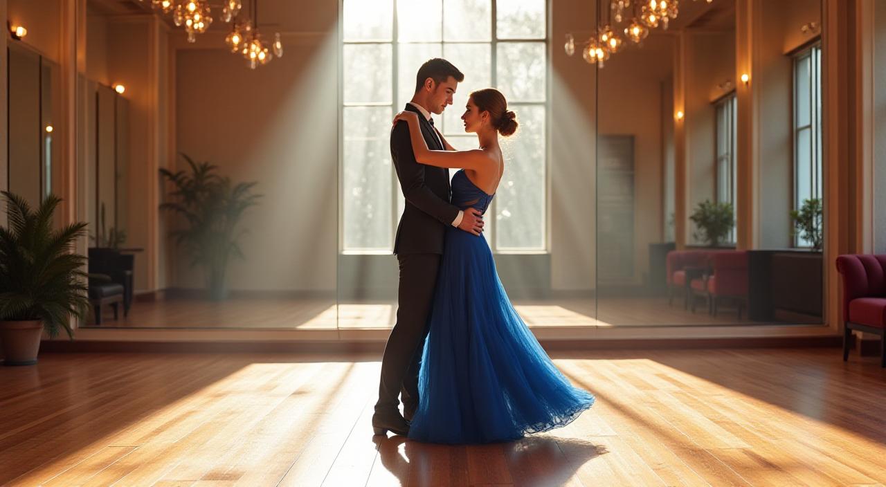 Elegant ballroom couple dancing in a professional studio